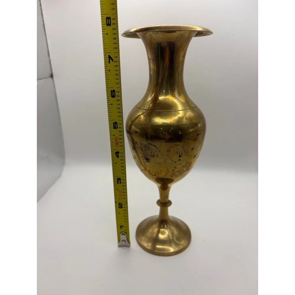 Vintage Brass Vase Etched Palm Trees Golf Clubs Goblet Style